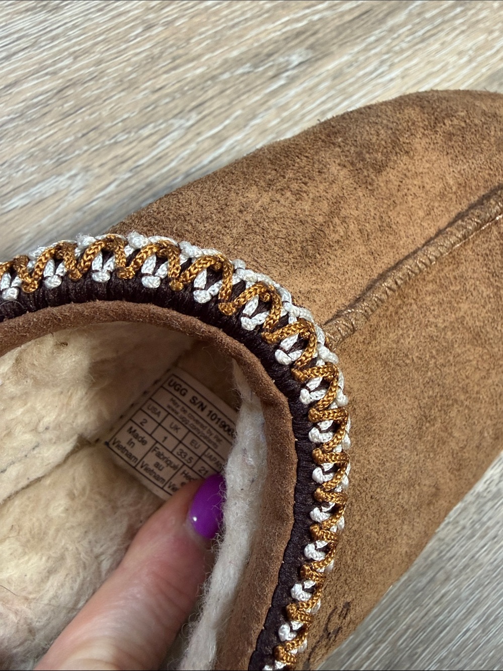 UGG Chestnut Suede Shearling Slip-On Slippers with Beaded Trim - Picture 6 of 6